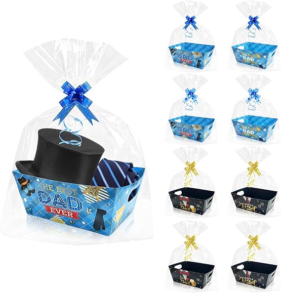 CIEOVO 24 Set Happy Father's Day Baskets for Gifts Empty with Cellophane Basket Bags Bows, Happy Father's Day Market Tray Cardboard Basket to Fill for Father's Day Birthday Party Decor