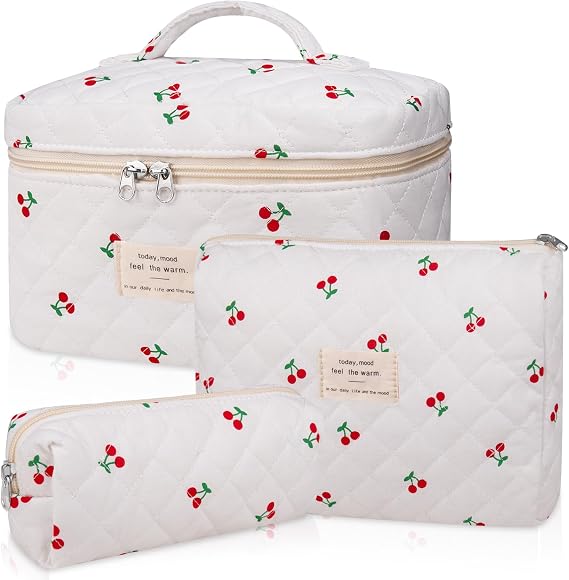 3PC Makeup Bag Set, Quilted Makeup Bag, Large Floral Cosmetic Bag for Women, Cute Cotton Makeup Bags, Flower Travel Toiletry Organizer Bag (Large Cherry), large cherry, Cute