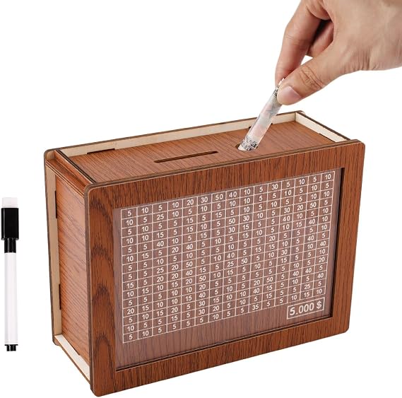 GOLD LEAF Wooden Money Saving Box with Marker 5000 Cash Challenge Piggy Bank with Number Target, 1Pcs Puzzle Style Coin Vault for Adults & Kids, Reusable Money Box for Financial Goals.