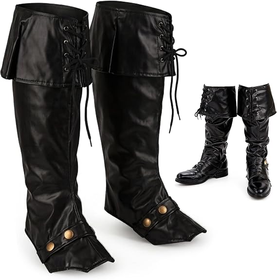Kangaroo 1 Pair of Black Adjustable Faux Leather Pirate Boots Covers | Adjustable Pirate Costume Shoe Covers - Reusable Dress Up Pirates Accessories, Halloween, Costume Boot Cover
