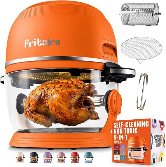 Non Toxic Air FryerTM Pro | 9-in-1 Glass Air Fryer | Self-Cleaning | 5 Quart | Rotisserie and Tumbler | 400F Vortex For Even Cooking, BPA-Free Teflon Free, Recrisp, Roast, Bake, Orange
