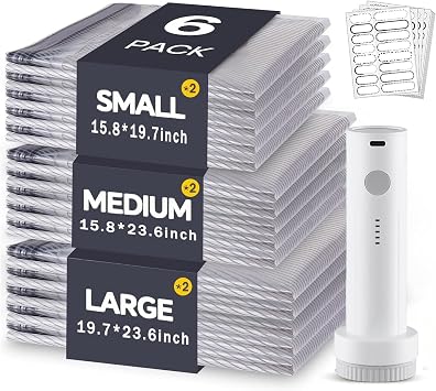 Cordless Travel Vacuum Storage Compression Bag Set, 2026 New Travel Vacuum Seal Bags with Electric Pump for Clothing 6/9/12/18/15-Pack in 3 Sizes USB Rechargeable (6 Packs, no Pump)