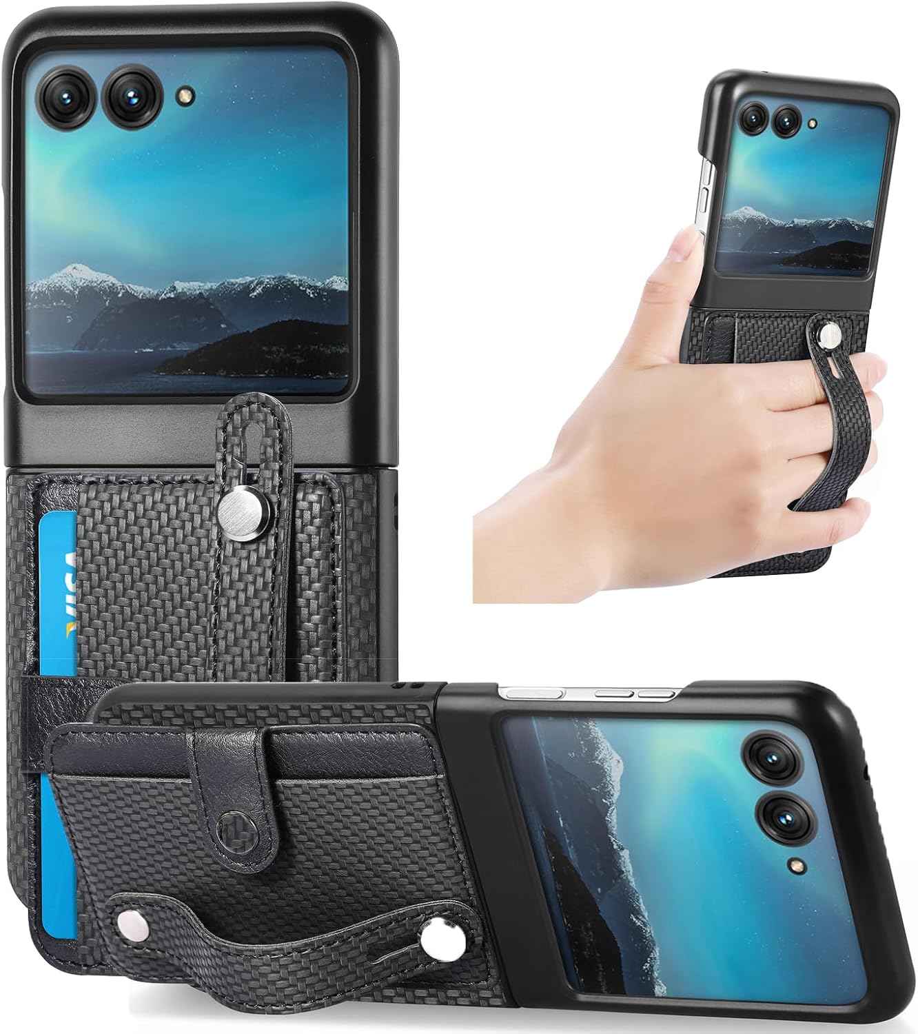 for Motorola Razr 60 Ultra Case Carbon Fiber Hand Strap Kickstand Holder Drop Proof Card Pocket Wallet Cover Black, Razr 60 Ultra