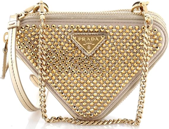 Pre-Loved Triangle Double Pouch Crossbody Crystal Embellished Satin Mini, Gold