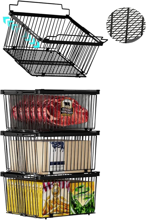 Large Freezer Organizer Bins,Upgraded Bottom Leak-Proof net,Fit 5 to 9 Cu Ft Chest Freezer,4 Pack, Expandable Stackable Chest Freezer Containers with Handle (Black--4Pack)