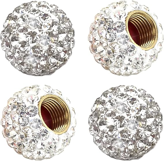 Car Wheel Tire Valve 4 Pack Handmade Crystal Rhinestone Tire Valve Stem Air Caps Cover Bling Car Accessories (White)