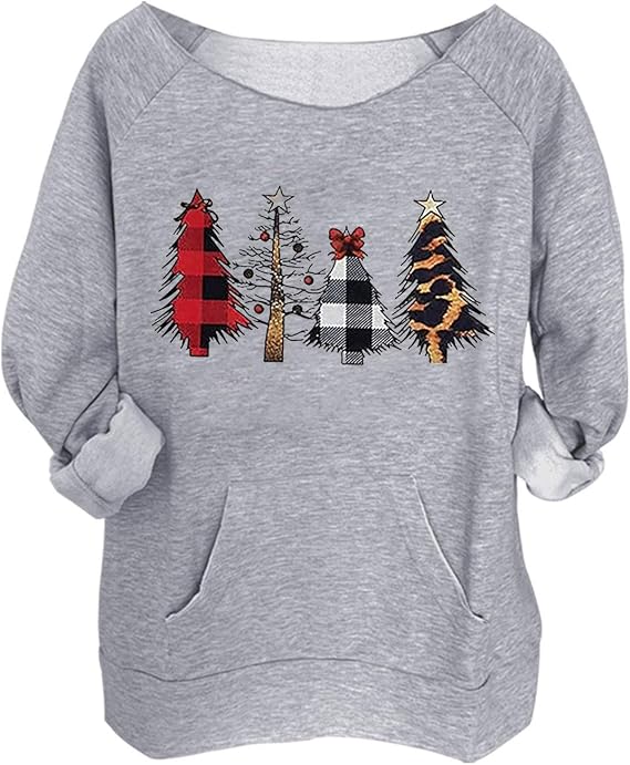 SUNFLYLIG Christmas Tree Retro Plaid Leopard Sweatshirt Women's Cute Merry Christmas Trees Shirt Casual Tee Tops Blouses
