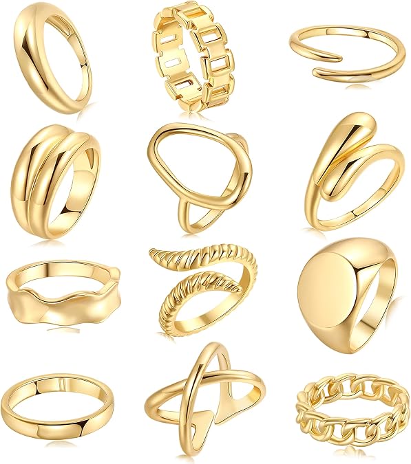 FAXHION 12PCS Gold Stackable Rings for Women, 18K Gold Plated Chunky Ring