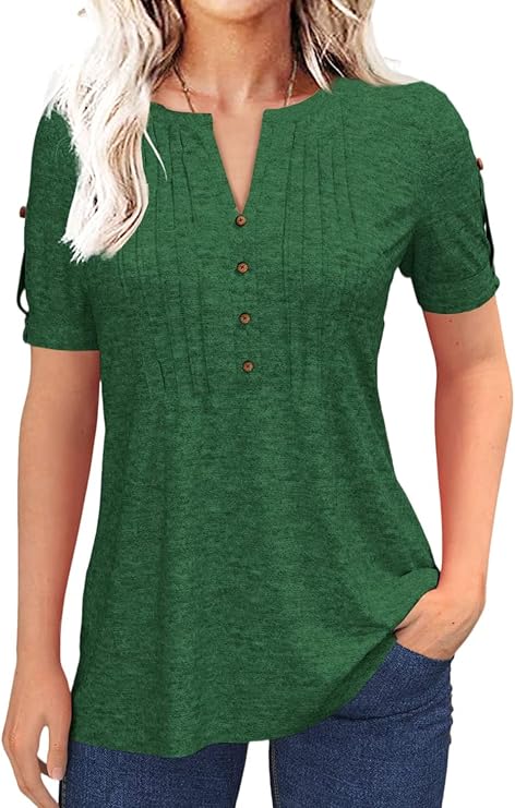 Women's Zipper Summer Pleated Button Short Sleeve T-Shirt Summer V-Neck Solid Color Casual top