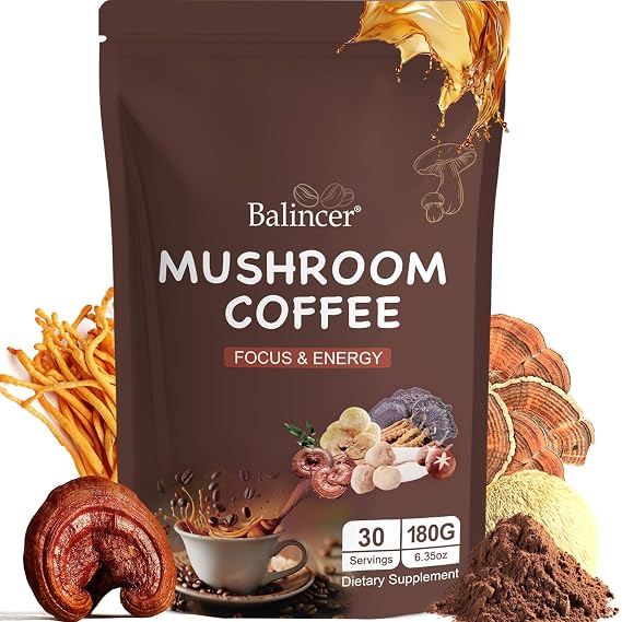 Mushroom Coffee, 6 Adaptogenic Mushrooms (Lion's Mane, Cordyceps, Turkey Tail & Other) Mixed with Premium Instant Coffee for Focus, Energy, Immune and Gut Health Support, 30 Servings
