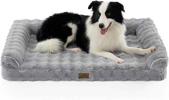 COZY KISS Faux Fur Orthopedic Dog Bed, Foam Pet Sofa with U-Shape Bolster, Washable Dog Couch with Removable Flannel Cover, Squre Pet Bed with Anti-Slip Bottom, Clearance, Gray, XL(42 * 30 * 7inch)
