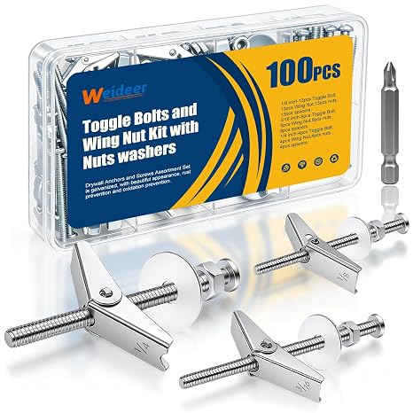 weideer 25Pcs Toggle Bolts 1/8" 3/16" 1/4" Heavy Duty Drywall Anchors and Screws Assortment Set Toggle Bolts and Wing Nut Kit with Nuts washers K-136