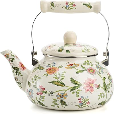 2.6 Quart Enamel Tea Kettle,Retro Waterfor Stove Top,Floral on Steel Teakettle Teapot for Home Kitchen PicnicA