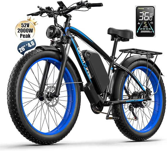(26" V7 Blue) EBike,Electric Bike for Adults, 2000W Peak 2500W, 52V 19.2Ah Battery, Max 40MPH&70Miles, Hydraulic Disc Brake, 21-Speed Off Road Snow Mountain Pedal Assist 26" Fat Tire Fast E-Bike