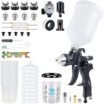 YUZES HVLP Spray Gun Kit 4 Nozzles 1.4/1.7/2.0/2.5mm, Auto Paint Gun for Cars, Furniture & DIY, 10 Disposable Paint Cups & 600ml Mixing Cup with Ratio, Oil-Water Filter & Air Regulator