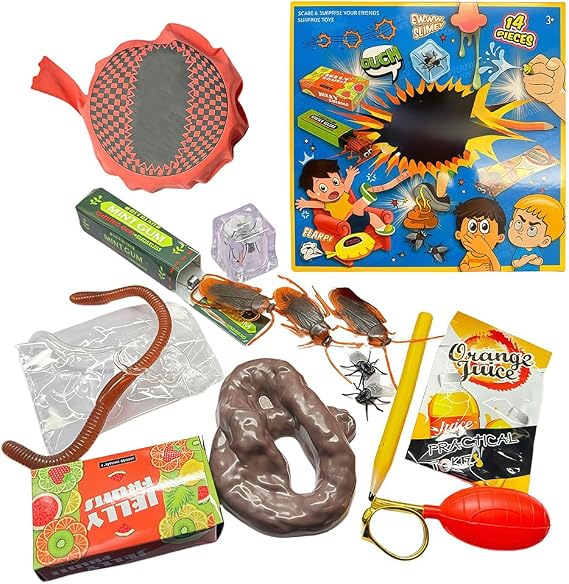 Prank Gift Box for Teens, QIANSSE 14Pcs Prank Kit with Funny Practical Jokes, Cool Prank Box Gifts for Friends & Family, Fun Gags for Ages 14+