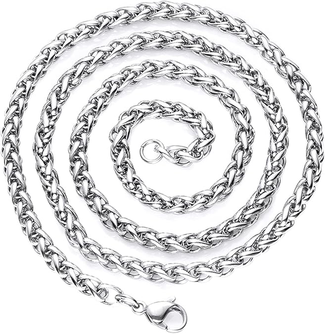 Chain Necklace for Men Stainless Steel, Silver Necklace Chain, Wheat Chain Necklace, 3mm Silver Chain Necklace 18-36 Inches