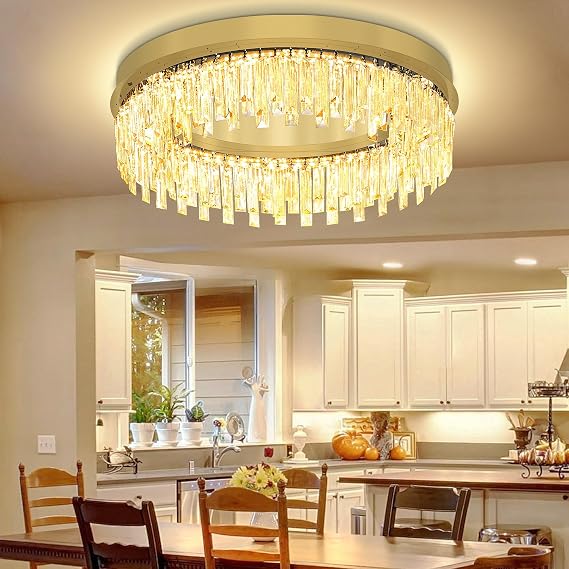 Modern Crystal Chandelier for Living Room Flush Mount Ceiling Light for Dining Room Gold 24in