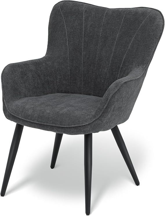 Athena Collection Accent Chair, Modern Elegant Comfy Armchair Upholstered Vanity Chair with High Curved Back and Metal Legs, Shell Shaped Single Sofa Reading Chair for Bedroom Living Room, Lava Gray