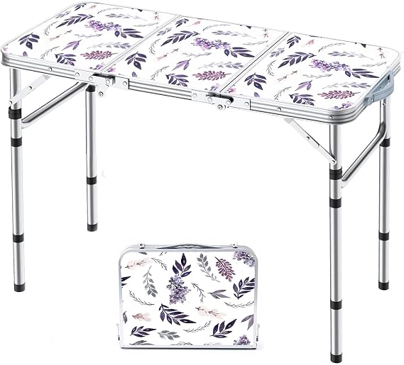 Yriuat Folding Camping Table 3ft Portable Picnic Table, Misty Lilac | Adjustable Height, Carry Handle, Aluminum Foldable Lightweight Small Card Table for Outdoor, Indoor, Hiking, Camp, BBQ, Beach