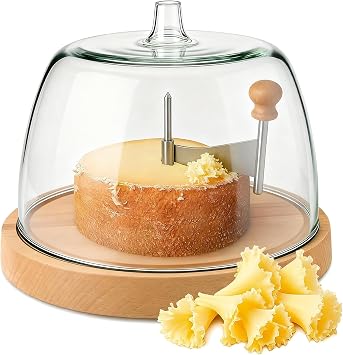 Cheese Curler Wheel with Lid, Stainless Steel Cheese Curler Flower Maker Wheel Slicer, Sharp Blade Cheese & Chocolate Shaver with Wooden Base, Create Cheese Rose Flowers (Round, With lid)