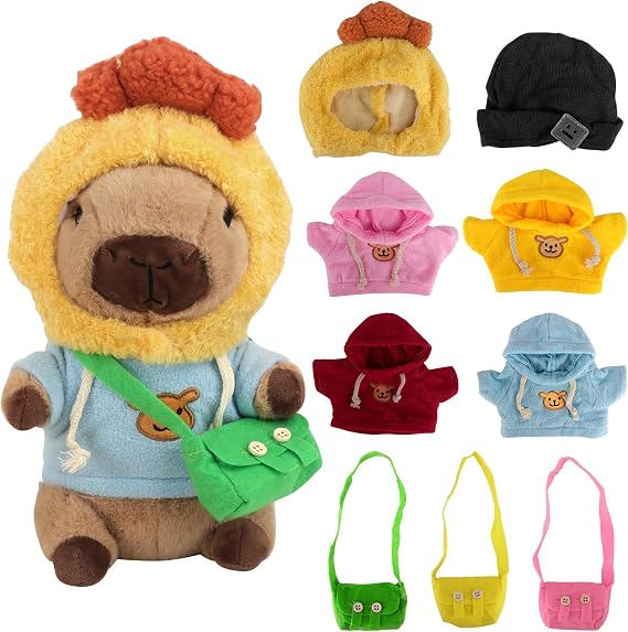 Capybara Plush with 9 PCS Clothes&amp;Accessories, 25cm Capybara Stuffed Animal, Cute CapybaraTeddy, Capybaras Plush Soft Toy, Dress Up Capybaras Stuffed Animal PlushToys Gift for Kids Boy Girl (E)