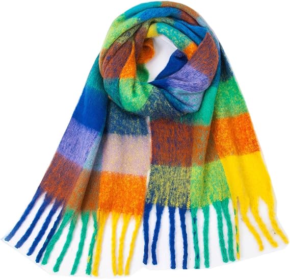 Loop yarn shawl imitation mohair coarse beard color checkered scarf, blue white scarf tassels, and fashionable