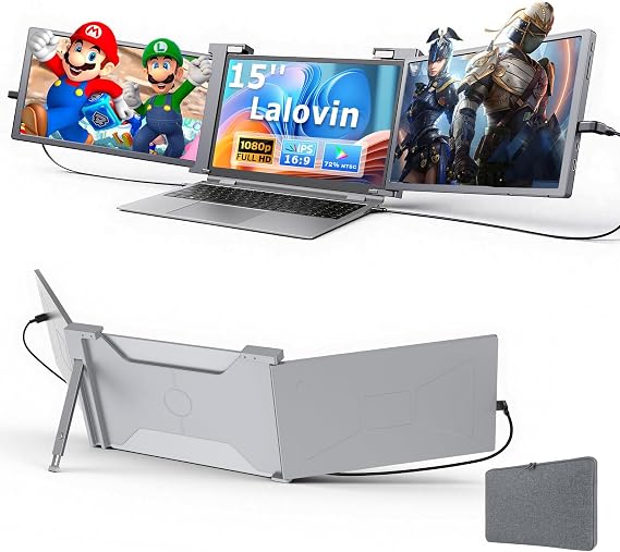 Laptop Screen Extender, Triple Monitor for 15-17.3" Laptops | Portable 1080P IPS FHD display, plug & play via HDMI/USB-A, compatible with Mac/Windows/Chrome/Android,gray