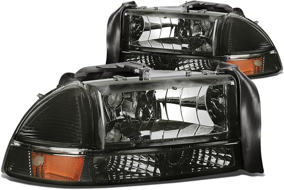 DNA MOTORING Pair Headlights Compatible with 97-04 Dodge Dakota / 98-03 Durango, Driver & Passenger Side, Smoke/Amber, HL-OH-DD974P-SM-AM