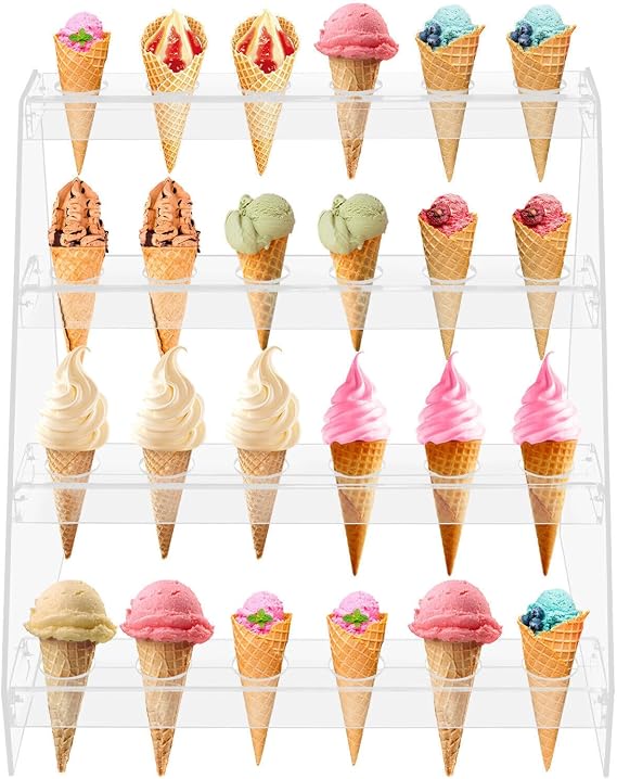 4 Layer 24 Hole Cones Counter Top Ice Cream Display Stand Rack Clear Acrylic Ice Cream Cone Holder Wedding Reusable Clear Cone Holder Stand Ice Cream Holders Catering Supplies Buffet Display
