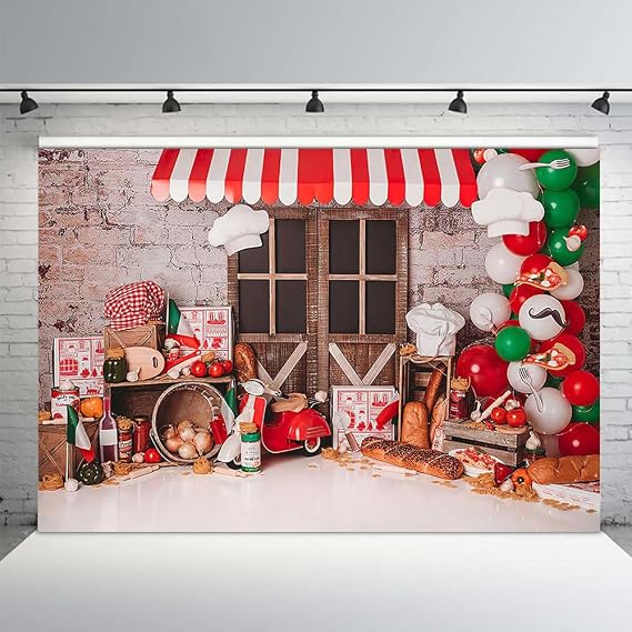 6x4ft Delicious Pizza Shop Food Chef Kitchen Bakery Photography Background Balloon Retro Brick Wall Family Party Photo Backdrop Newborn Shower Birthday Party Cake Smash Decoration Banner
