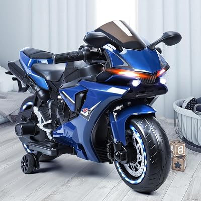 Electric Motorcycle for Kids, Speed Up to 9mph Children Ride-On Motorcycle with Safety Auxiliary Wheels, Electric Dirt Bike with Light Up Tires, Foot Pedal Accelerator Blue