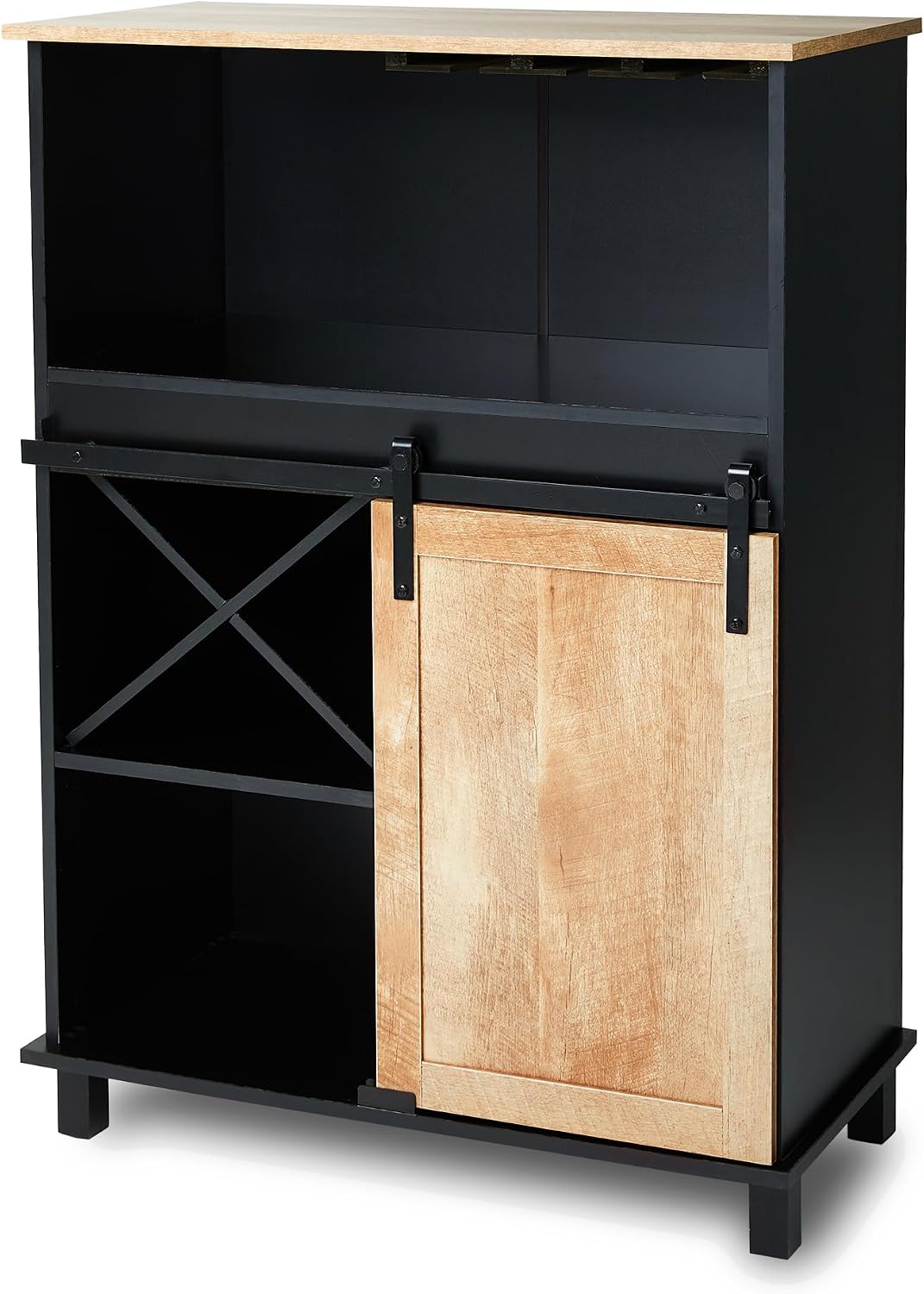 Glitzhome 44”H Wine Sideboard Table with Barn Door Wood Cabinet, Black and Light