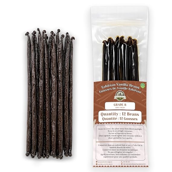 12 Aromatic Tahitian Vanilla Beans for Making Vanilla Extract, Whole Vanilla Beans Extract Grade 5-5.5 inches, Perfect For Homemade, baking and cooking (12 Beans)