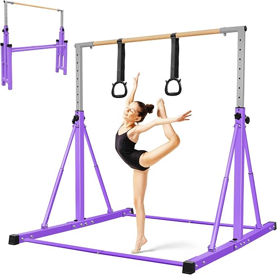 Foldable Gymnastics Bar, 105-155cm Height Adjustable Horizontal Bar, Training Bar for Kids Juniors, Safe & Sturdy Gym Equipment Ages 3-12, Play Bar with Easy Moving Wheels/Non-Slip Feet/Max Load 150kg