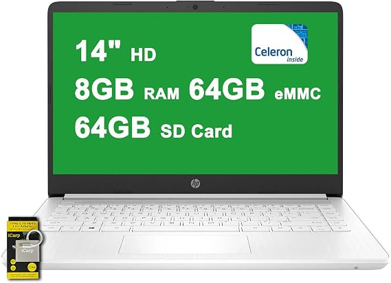 HP 14 Lightweight Student and Business Laptop 14 HD BrightView Intel Quad-core Celeron N4120 8GB RAM 128GB Storage 64GB eMMC  64GB SD Card Type-C Long-Lasting Battery Win11 ICP Accessory