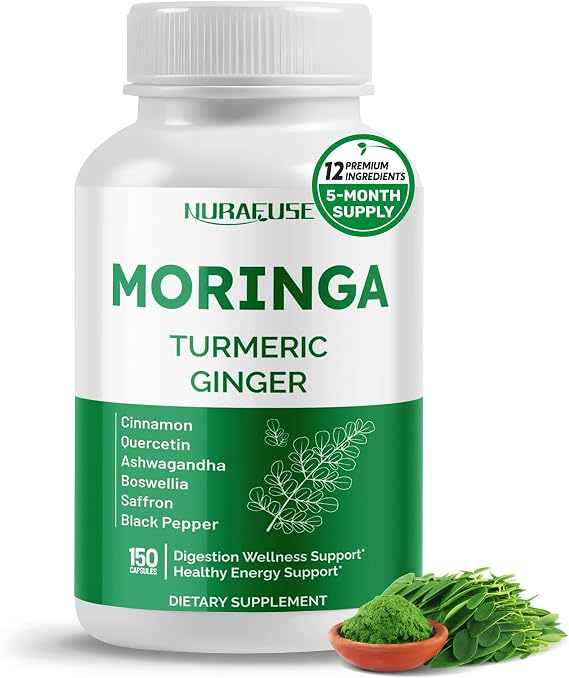 Moringa 12-in-1 Supplement with Turmeric Cinnamon Quercetin Ashwagandha Ginger Boswellia Nettle Saffron Tart Cherry Garlic