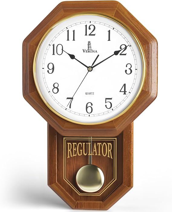 Pendulum Wall Clock Battery Operated, Real Wood Regulator Clock, Quiet | Schoolhouse Design with Pendulum, Non-Chiming Wooden Wall Decor for Living Room, Dining Room, Office, Arabic Numerals, 18x11