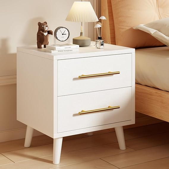 Aiho Nightstand, Bedside Table Modern Wood Night Stand, White Nightstand | Wood Bedside Table with 2 Drawers and Metal Handles for Convenient Bedside Storage for Bedrooms