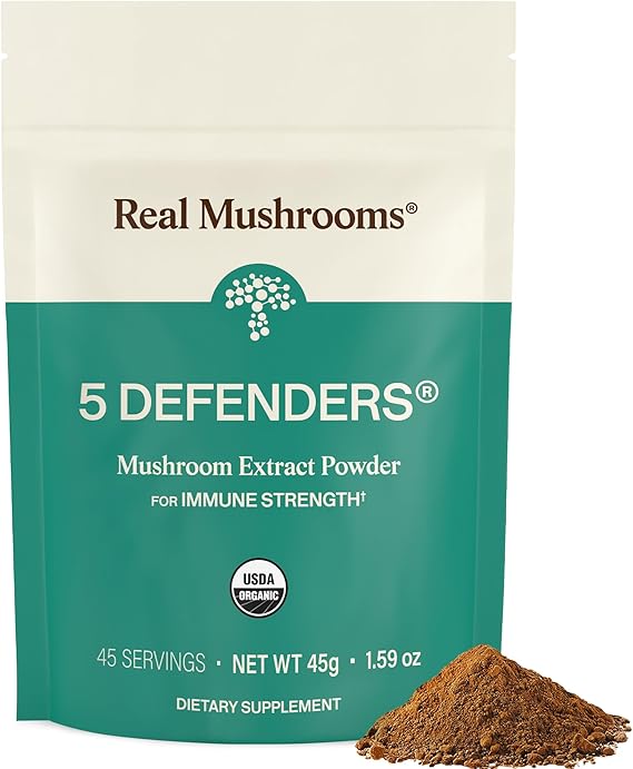 Real Mushrooms 5 Defenders Mushroom Complex Powder, 45 Servings | Wellness Support, Chaga, Reishi, Turkey Tail, Maitake and Shiitake, Beta Glucan Rich, Mushroom Complex