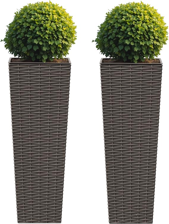 Flamaker Resin Rattan-Design Planters Set of 2, 24'' Tall Flowerpot with Additional Pot for Soil, Durable Weather-Resistant Planter with Drainage Holes for Garden, Patio, Backyard (Brown, Small)