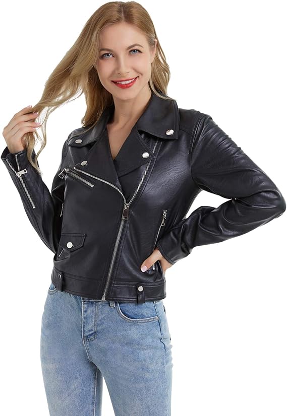 DIASHINY Women Faux Leather Jacket Slim Belted PU Moto Coat | Pu Faux Leather, Notch Lapel, Asymmetrical Zipper, Adjustable Belt, Slim Fit, Casual Party, Women Cropped Biker Jacket