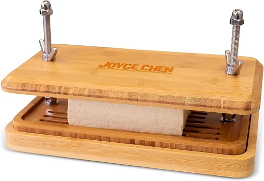 Joyce Chen Bamboo Tofu Press, Built-In Drainage Grate & Removable Drip Tray, Adjustable Dual Tension Screws, Easily Remove Water from Tofu, Mess-Free Tofu Drainer
