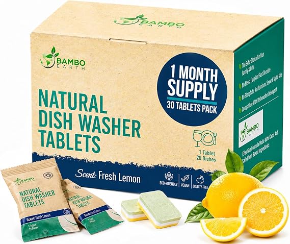 Natural Dishwasher Detergent Tablets - Plant Based Alternative Refill Pack Dishwashing Tabs - Eco-Friendly And Plastic Free Way To Cleaner Dishes - 30/60/90 Refills Dish Washer Soap Pods (30 Pack)