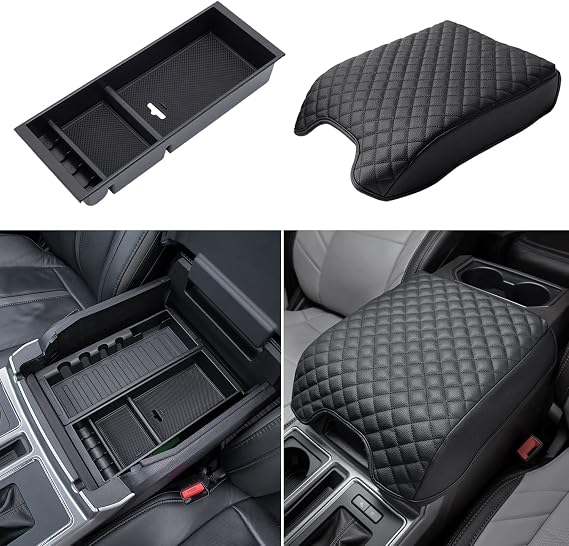 PIMCAR Compatible with Ford 2015-2020 F150, 2017-2022 F250 F350 F450, 2018-2024 Expedition Center Console Organizer & Armrest PU Leather Cover-Bucket Seat Only