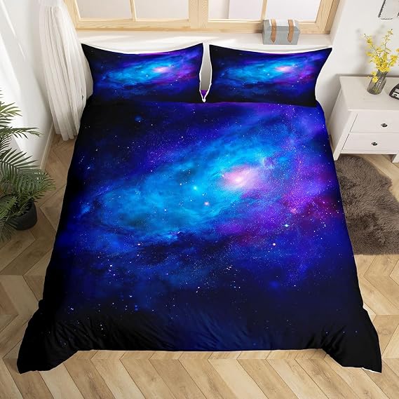 Feelyou Galaxy Bedding Set King Size, Girls Boys Kids Teen Comforter Cover, Outer Space Duvet Cover Galaxy Stars in Space Celestial Astronomic Planets, Decorative Bedclothes Blue Purple