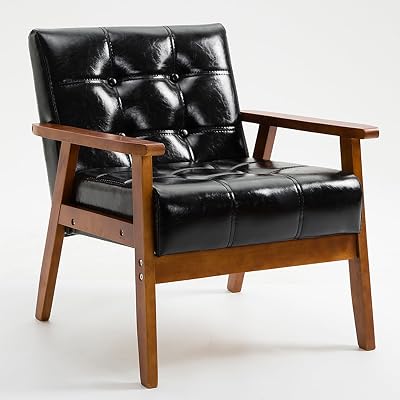 PU Leather Accent Chair, Mid Century Modern Accent Chairs, Faux Leather Accent Chair with Solid Wood Legs for Living Room, Bedroom Black
