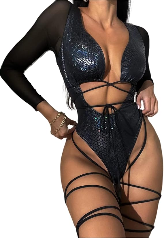 Women Rave Snakeskin Front Buckle Sheer Swimsuit Cut Out Bodysuit Clubwear