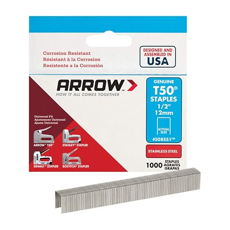 Arrow Fastener 508SS1 Heavy Duty T50 1/2-Inch Stainless Steel Staples for Upholstery, Construction, Furniture, Crafts, 1000-Pack