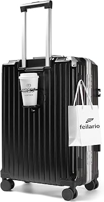 feilario 24in Aluminium Frame PC ABS Zipperless Luggage Hardshell TSA Lock Spinner Wheels Carry on Suitcase with Cup Holder & Hook